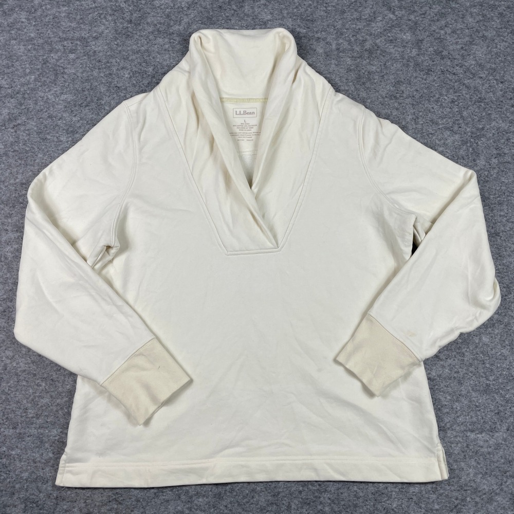L.L.Bean Sweatshirt Womens Large Cream Shawl Collar V-Neck Fleece Pullover